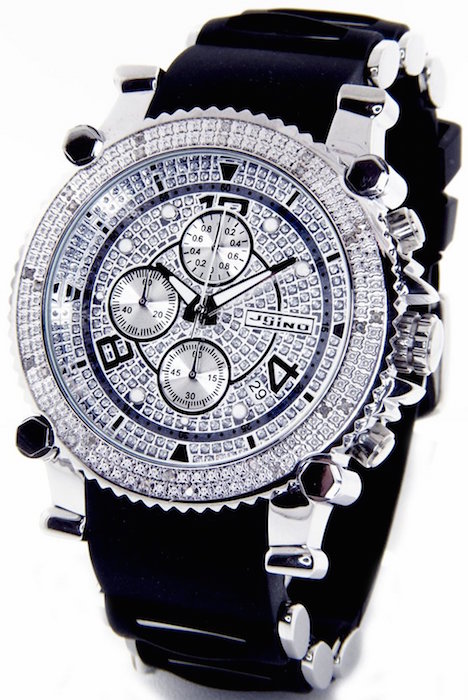 JOJINO Real Diamond Watch Chronograph Mens Silver Case Black